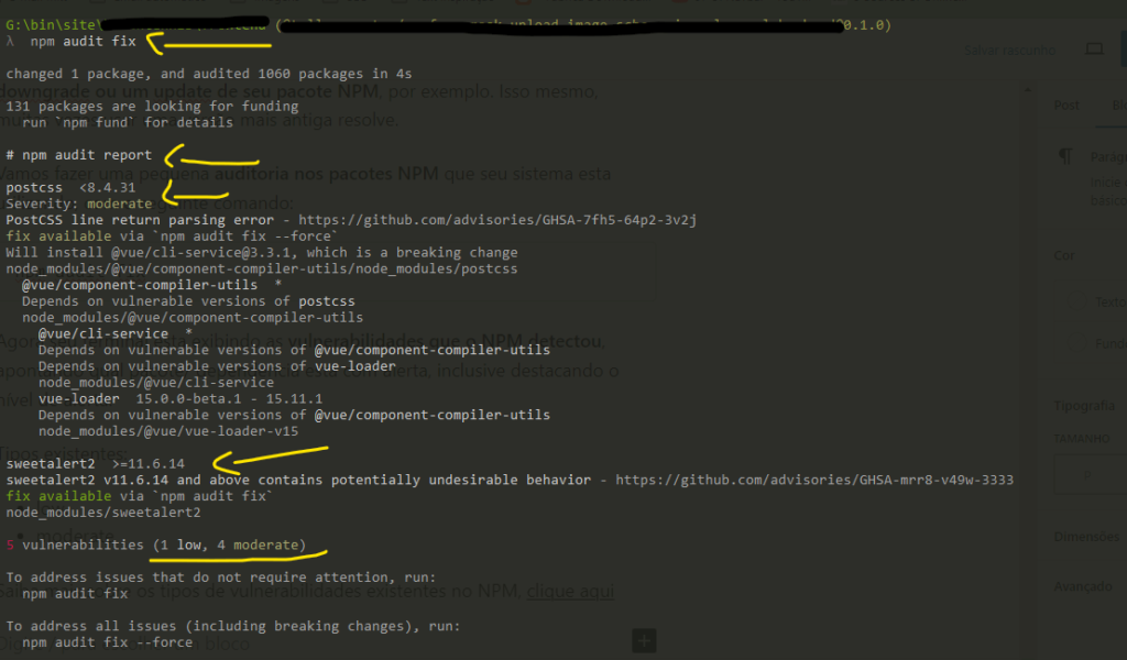Como solucionar as vulnerabilities mostradas pelo NPM no seu terminal Como solucionar as vulnerabilities mostradas pelo NPM no seu terminal
