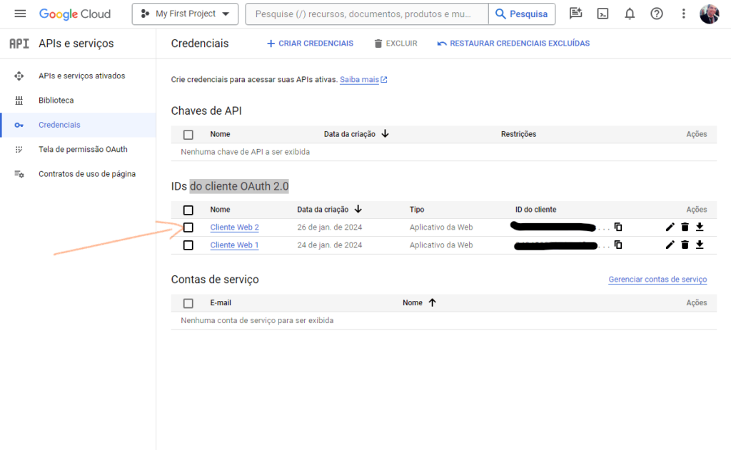 Selecione um dos ID's do cliente OAuth 2.0 Selecione um dos ID's do cliente OAuth 2.0