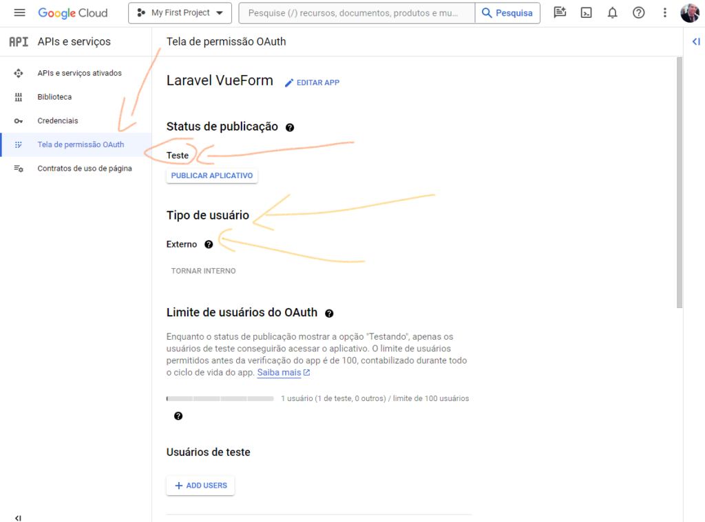 Teste ou Produção? Selecione o tipo de usuário - erro Acesso Bloqueado: O App Não Concluiu o Processo de Verificação do Google
