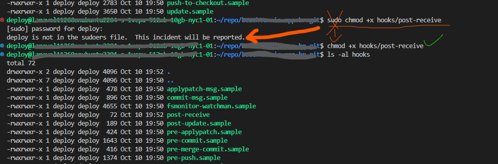 Deploy is not in the sudoers file. This incident will be reported [solved]